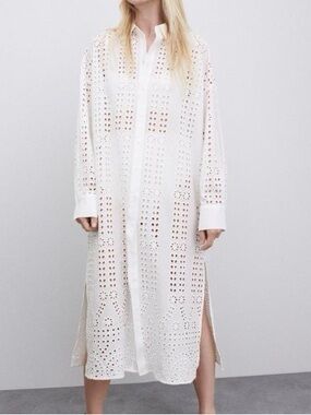 Zara Small Floral Eyelet Button-Front White Shirt Dress